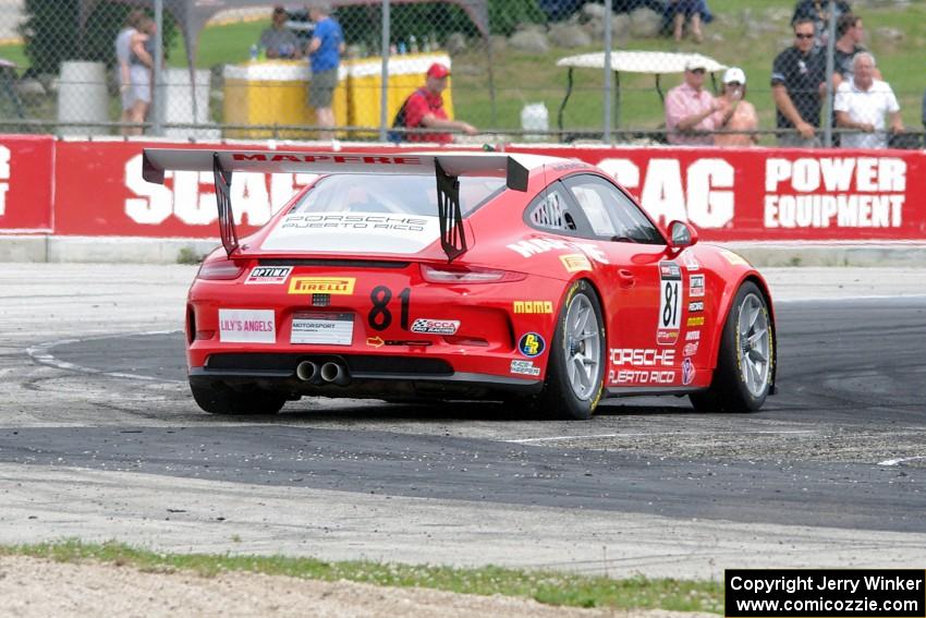 Victor Gomez's Porsche 911 GT3 Cup spins at turn 5.