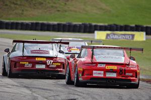 Lorenzo Trefethen's, Mitch Landry's and Victor Gomez's Porsche 911 GT3 Cup cars battle.