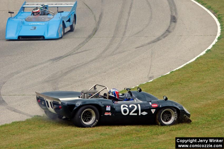 Tom Shelton's Lola T-70 Spyder spins off at turn 7.