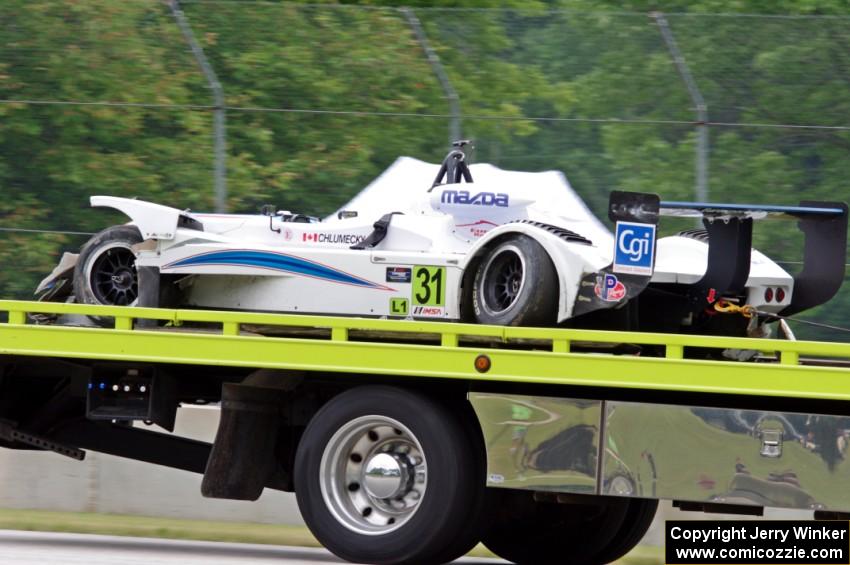 Michal Chlumecky's Panoz Élan DP-02 on the flatbed after tagging the wall.