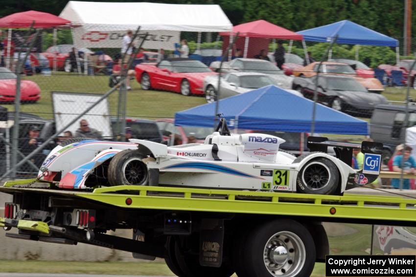 Michal Chlumecky's Panoz Élan DP-02 on the flatbed after tagging the wall.