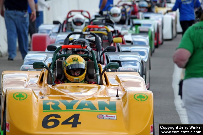 Matt Gray's Spec Racer Ford 3 at the front of the Spec Racer grid.