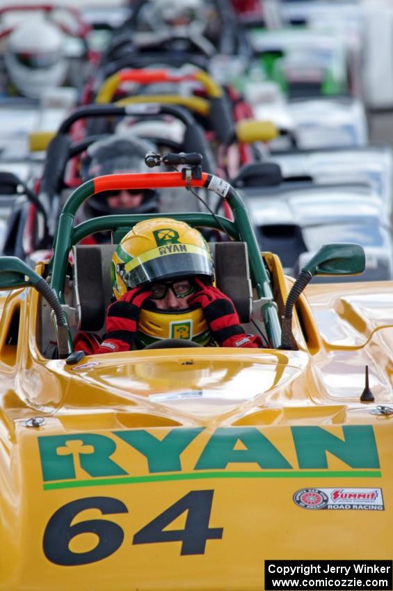 Matt Gray's Spec Racer Ford 3 at the front of the Spec Racer grid.