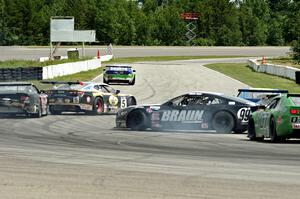 Justin Haley's Ford Mustang is stopped on track after the fiasco.