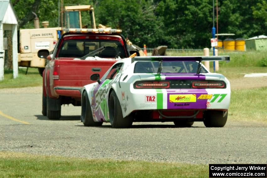 Louis­-Philippe Montour's Dodge Challenger is a DNF.