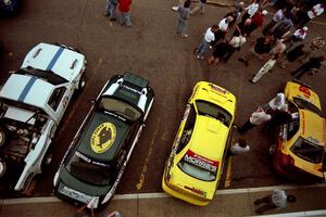 Overhead view of four of the cars at Rallyfest.