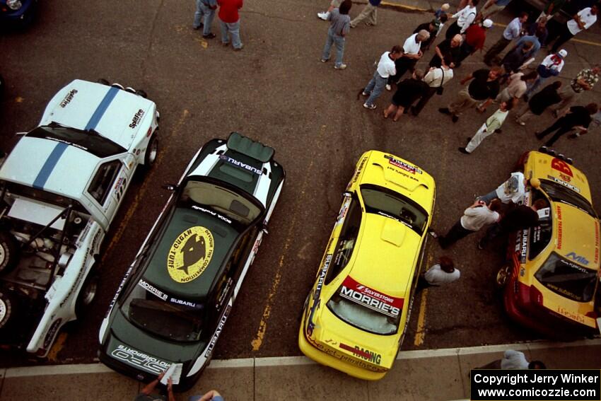 Overhead view of four of the cars at Rallyfest.