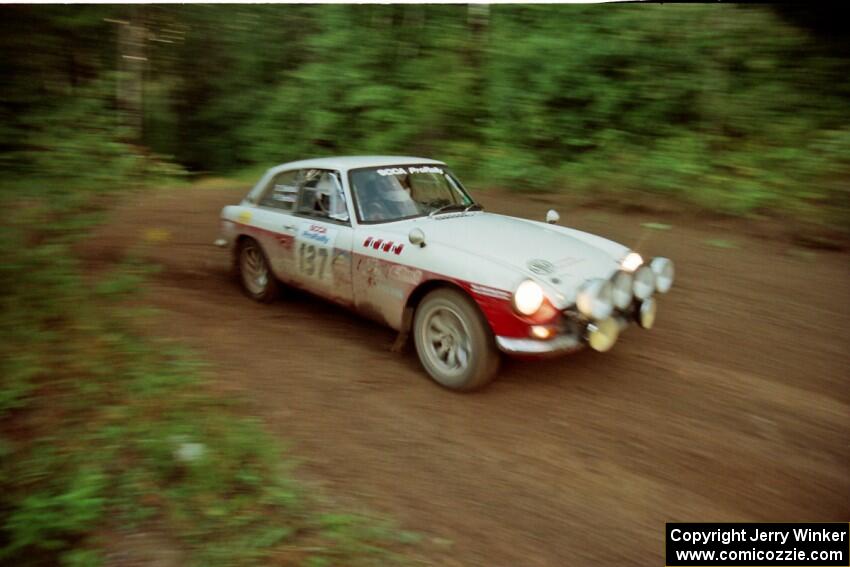 Phil Smith / Dallas Smith MGB-GT comes out of a 90-right on SS2 (Stump Lake).