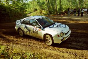 Jason Rivas / Constantine Mantopolous Subaru WRX powers out of a sharp left-hander on SS13 (Steamboat).