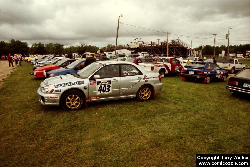 Wyeth Gubelmann / Therin Pace Subaru WRX at parc expose prior to the running of SS7 (Speedway Shenanigans).