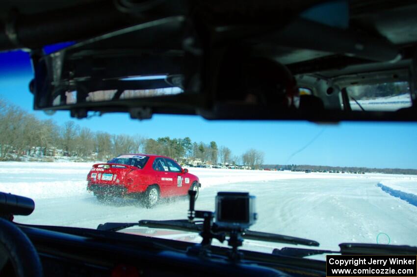 A view of the Pete Weber / Ian Forte Nissan Sentra Spec V from inside Brad Johnson's VW Rabbit.