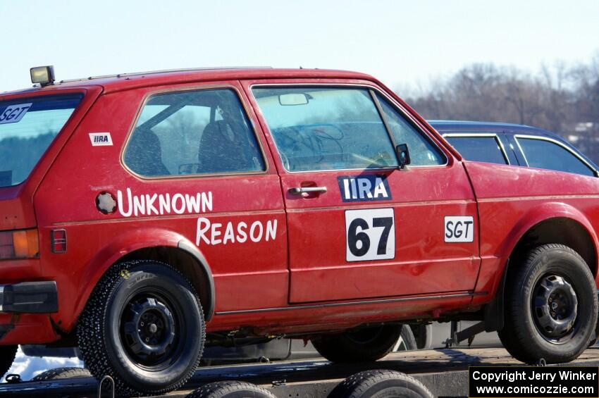 Dave Poppler's VW Rabbit was on the trailer early.