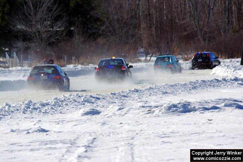 Chris Kleinhuizen's Ford Focus gets stuck in the first corner.