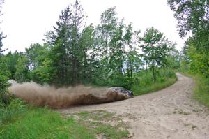 Travis Pastrana / Robbie Durant Subaru WRX STi at a sharp left on SS3, Steamboat I.