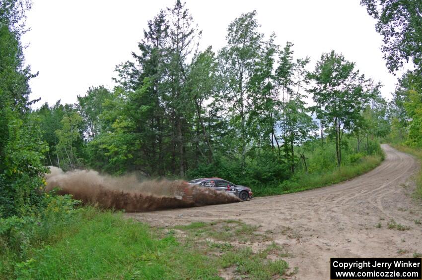 Travis Pastrana / Robbie Durant Subaru WRX STi at a sharp left on SS3, Steamboat I.