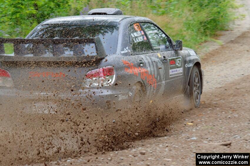 Sam Albert / Michelle Miller Subaru WRX STi at a sharp left on SS3, Steamboat I.