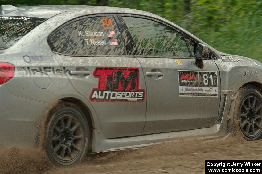 Travis Nease / Krista Skucas Subaru WRX STi at a sharp left on SS3, Steamboat I.