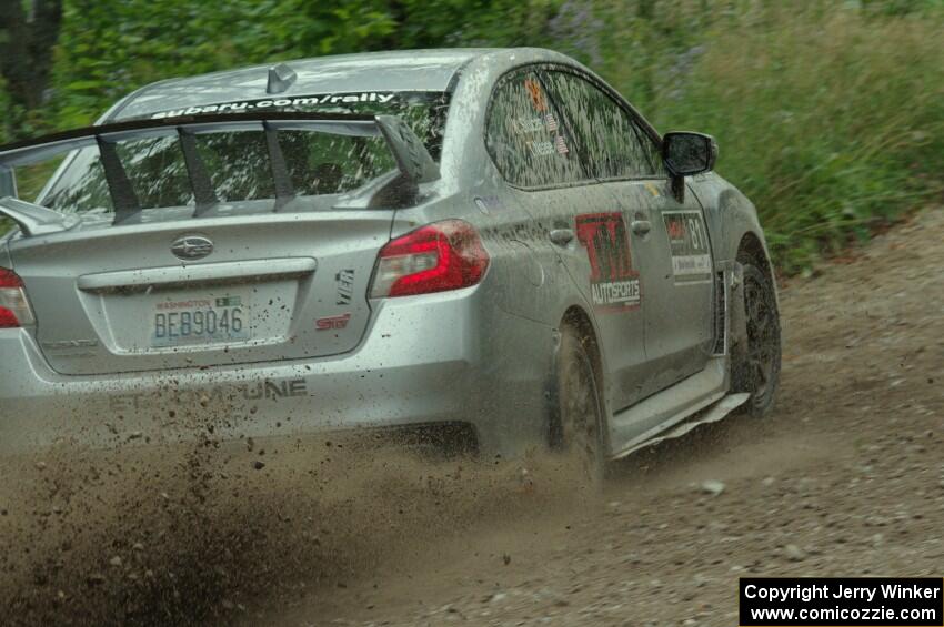Travis Nease / Krista Skucas Subaru WRX STi at a sharp left on SS3, Steamboat I.