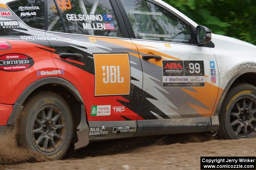 Ryan Millen / Rhianon Gelsomino Toyota RAV4 SE at a sharp left on SS3, Steamboat I.