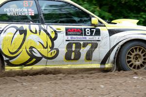 Mark Williams / Ben Peterson Subaru WRX STi at a sharp left on SS3, Steamboat I.