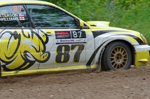 Mark Williams / Ben Peterson Subaru WRX STi at a sharp left on SS3, Steamboat I.