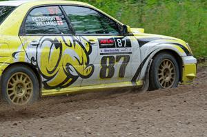 Mark Williams / Ben Peterson Subaru WRX STi at a sharp left on SS3, Steamboat I.