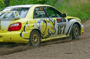 Mark Williams / Ben Peterson Subaru WRX STi at a sharp left on SS3, Steamboat I.