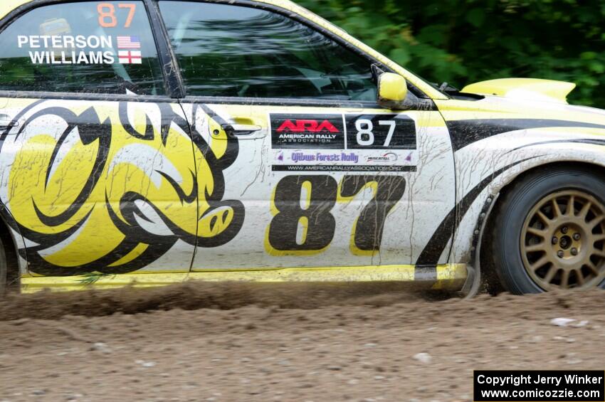 Mark Williams / Ben Peterson Subaru WRX STi at a sharp left on SS3, Steamboat I.