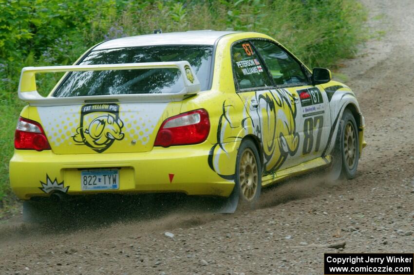 Mark Williams / Ben Peterson Subaru WRX STi at a sharp left on SS3, Steamboat I.