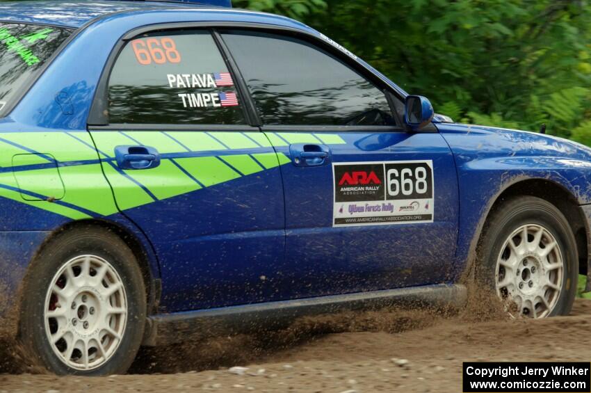 Jeff Timpe / Joe Patava Subaru WRX at a sharp left on SS3, Steamboat I.