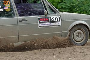 Adam VanDamme / Jake Carlson VW Rabbit at a sharp left on SS3, Steamboat I.