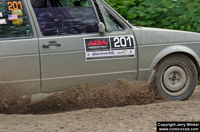 Adam VanDamme / Jake Carlson VW Rabbit at a sharp left on SS3, Steamboat I.