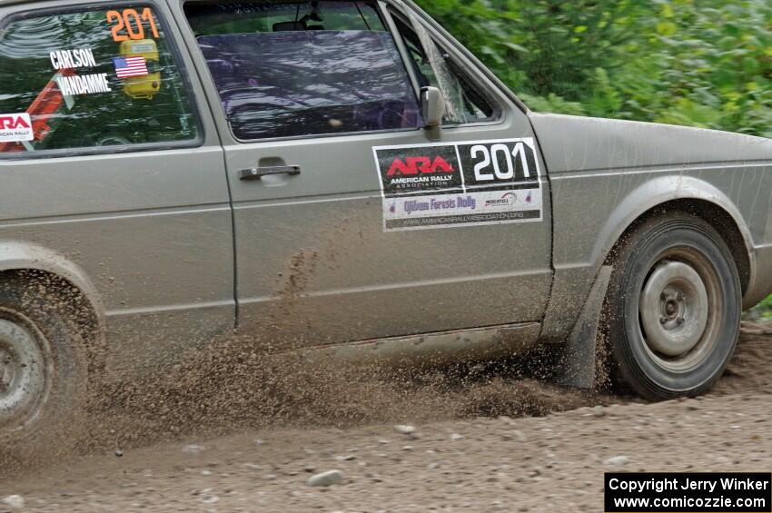 Adam VanDamme / Jake Carlson VW Rabbit at a sharp left on SS3, Steamboat I.