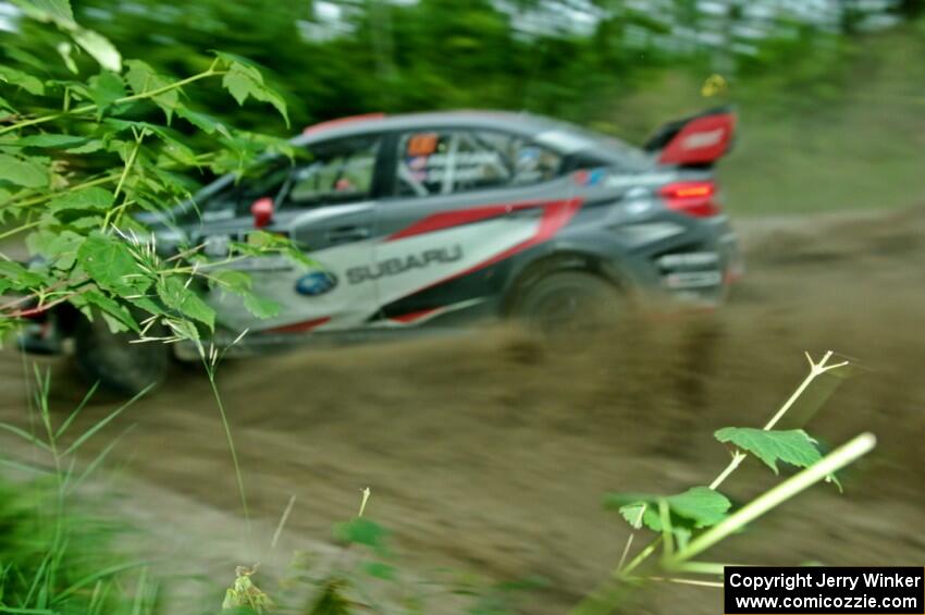 Travis Pastrana / Robbie Durant Subaru WRX STi at a sharp left on SS6, Steamboat II.