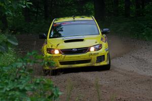 Lauchlin O'Sullivan / Scott Putnam Subaru WRX STi at a sharp left on SS6, Steamboat II.