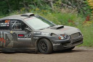 Sam Albert / Michelle Miller Subaru WRX STi at a sharp left on SS6, Steamboat II.