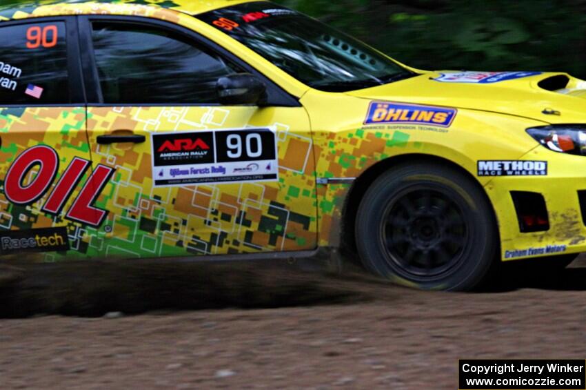 Lauchlin O'Sullivan / Scott Putnam Subaru WRX STi at a sharp left on SS6, Steamboat II.