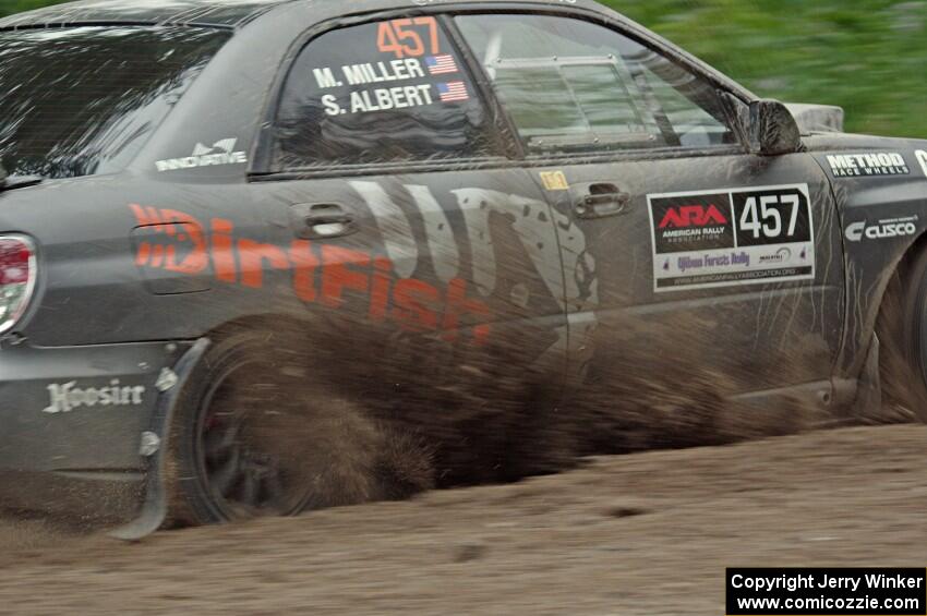 Sam Albert / Michelle Miller Subaru WRX STi at a sharp left on SS6, Steamboat II.