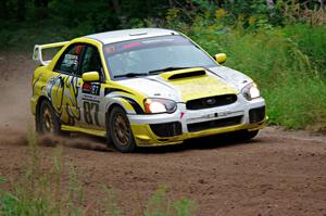 Mark Williams / Ben Peterson Subaru WRX STi at a sharp left on SS6, Steamboat II.