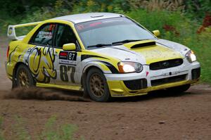 Mark Williams / Ben Peterson Subaru WRX STi at a sharp left on SS6, Steamboat II.