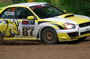 Mark Williams / Ben Peterson Subaru WRX STi at a sharp left on SS6, Steamboat II.