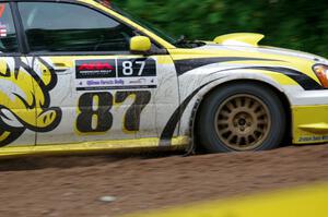 Mark Williams / Ben Peterson Subaru WRX STi at a sharp left on SS6, Steamboat II.