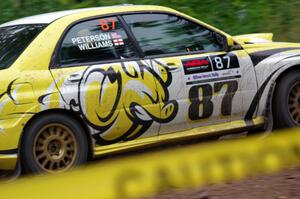 Mark Williams / Ben Peterson Subaru WRX STi at a sharp left on SS6, Steamboat II.