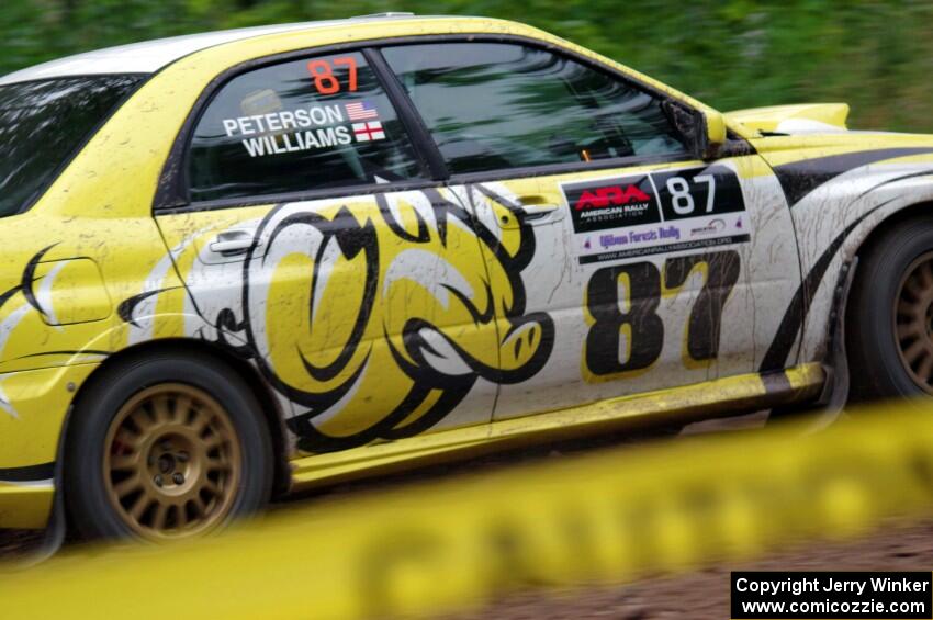 Mark Williams / Ben Peterson Subaru WRX STi at a sharp left on SS6, Steamboat II.