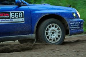 Jeff Timpe / Joe Patava Subaru WRX at a sharp left on SS6, Steamboat II.