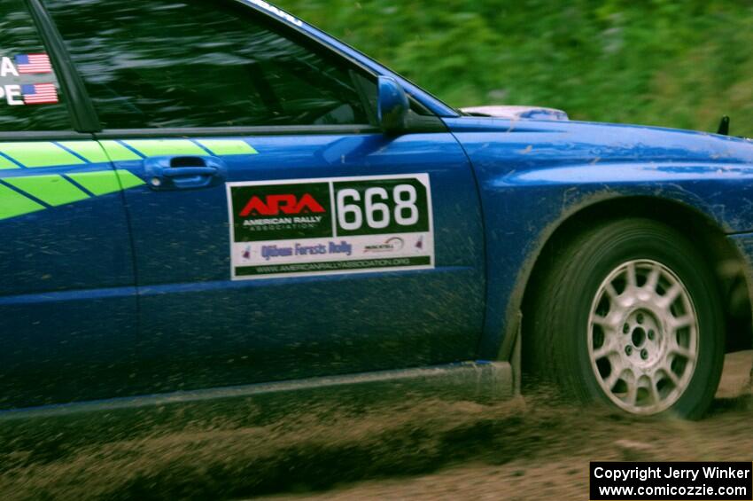 Jeff Timpe / Joe Patava Subaru WRX at a sharp left on SS6, Steamboat II.
