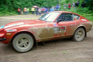 Greg Healey / Phil Barnes Datsun 280Z comes through the VIP spectator corner on SS8, Perkins Road.