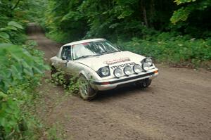 Mike Halley / Jimmy Brandt Mazda RX7 GSL-SE comes into the VIP spectator corner on SS8, Perkins Road.