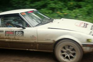 Mike Halley / Jimmy Brandt Mazda RX7 GSL-SE comes through the VIP spectator corner on SS8, Perkins Road.