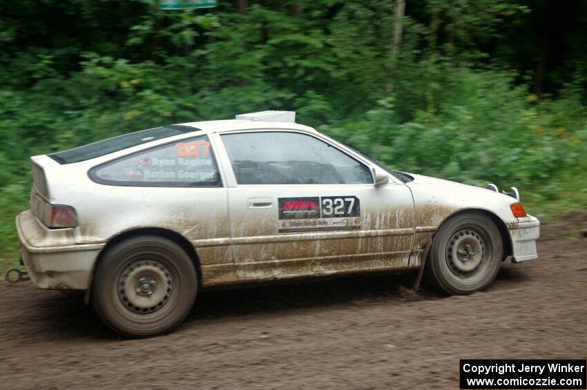 Ryan Raguse / Harlan Goerger Honda CRX comes through the VIP spectator corner on SS8, Perkins Road.